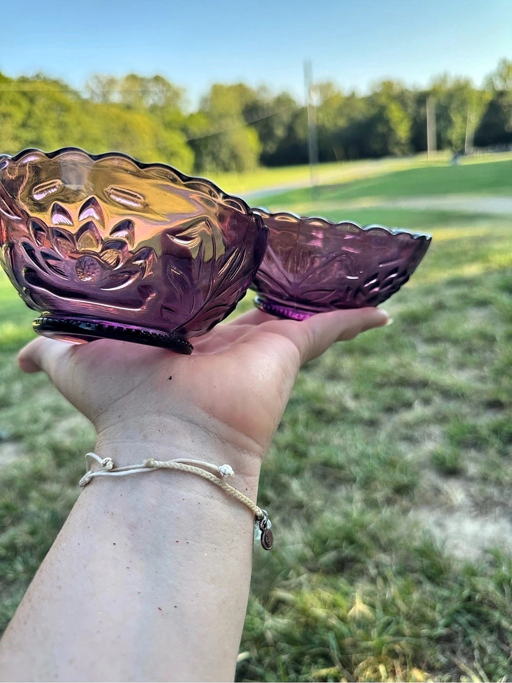 Antique Fenton amethyst Waterlily and Cattails berry bowls